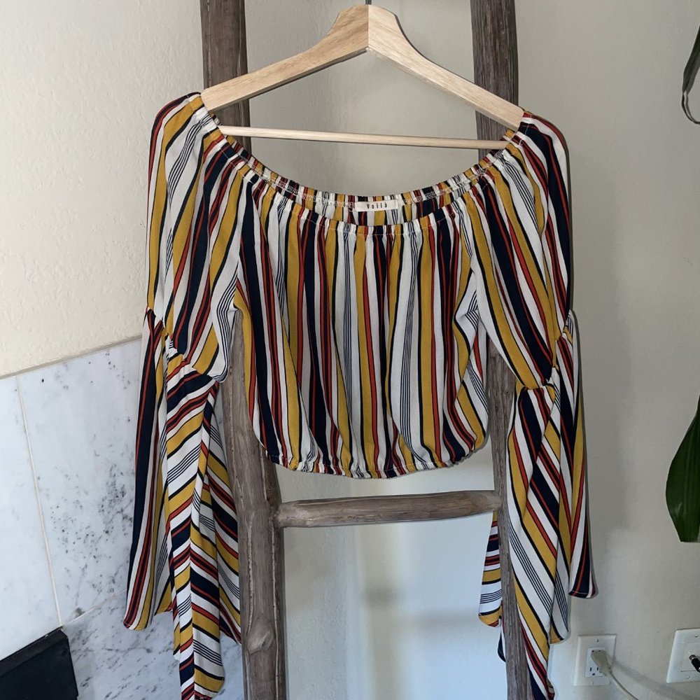 Multicolored Vintage Crop Top Blouse with Bell Sleeves